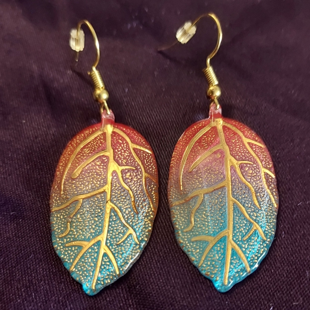 FREE with 2+ items Handmade Ombre Leaf Rose and Teal drop fashion earrings